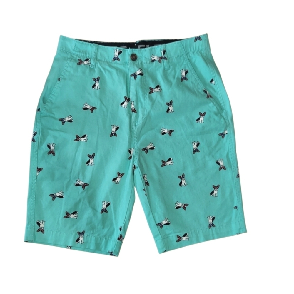 Plugg Green Flat Front Shorts with French Bulldog in Shades